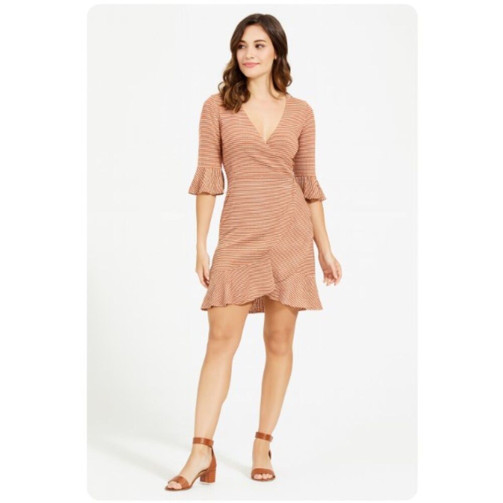 Storia Mini Dress Striped Wrap Around Ruffled Brown Womens Size L